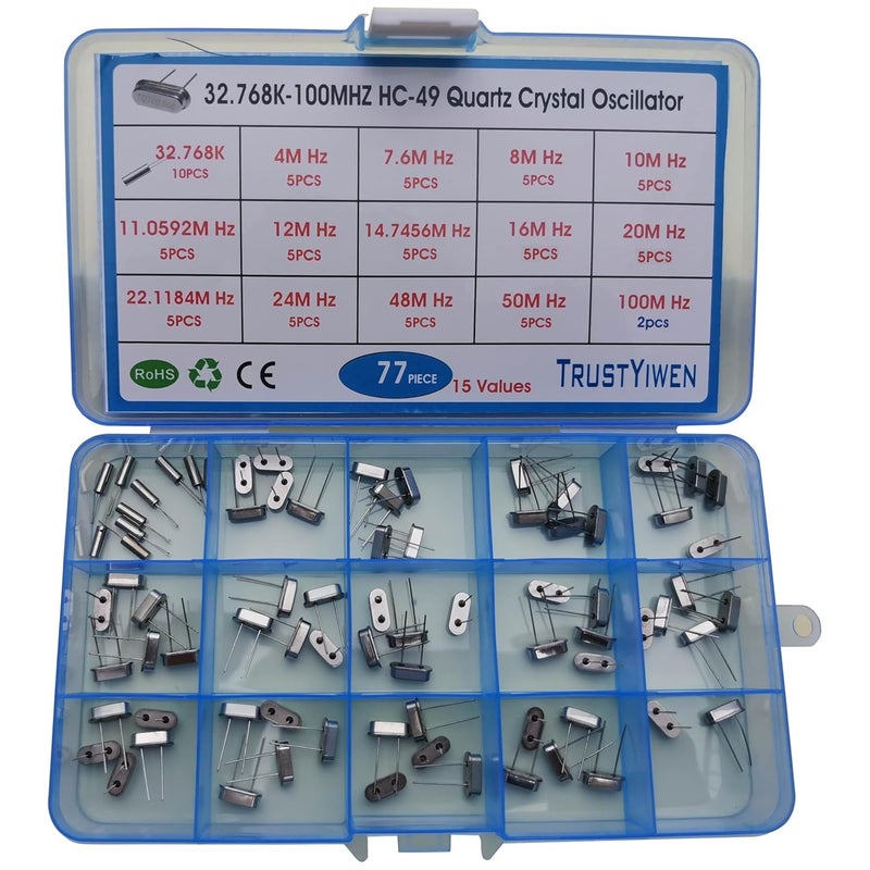 Ubarpt 15 Values 77 Pcs HC-49 Quartz Crystal Oscillator 32.768K 4 MHz, 7.6 MHz, 8 MHz, 10 MHz, 11.0592 MHz, 12 MHz,14.7456MHZ, 16 MHz, 20 MHz, 22.1184 MHz,24 MHz,48 MHz,50 MHz,100 MHz Assortment Kit - Image 1